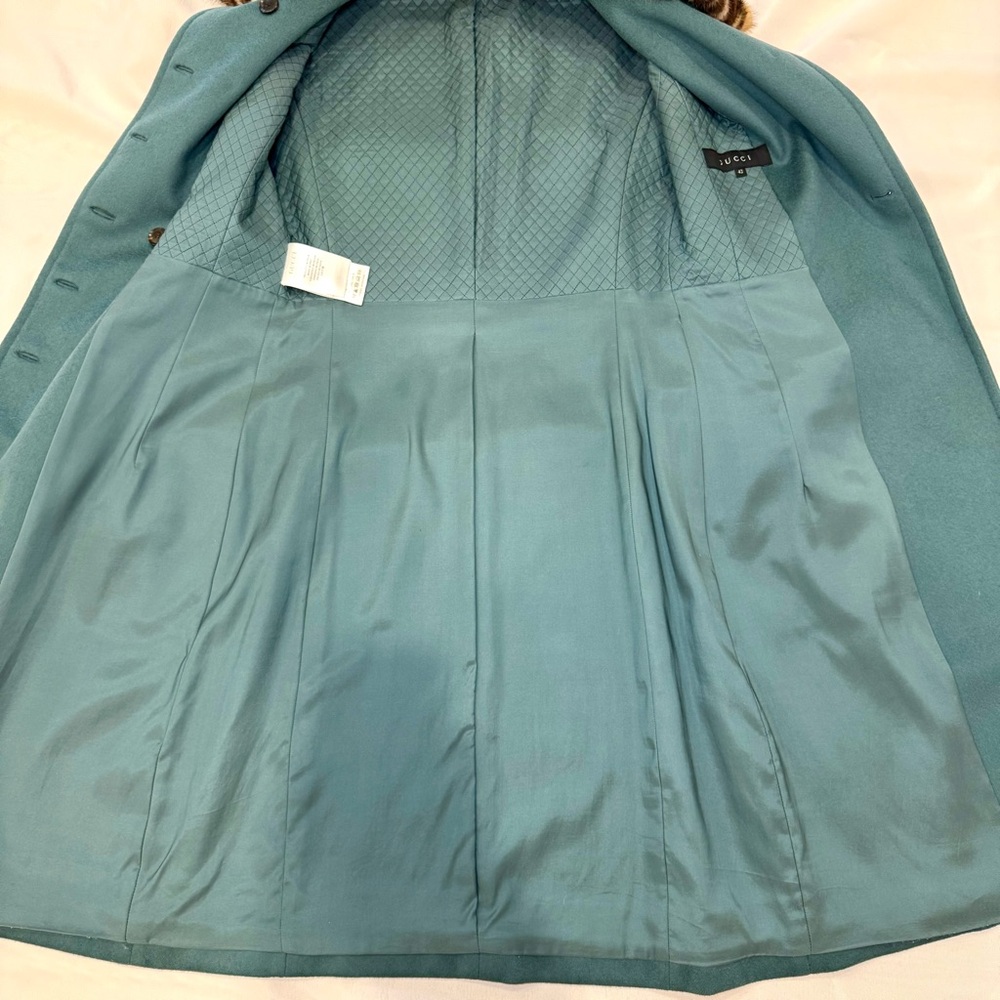 Rare Gucci Double Breasted Teal Virgin Wool Coat W Leopard Mink Collar, Sz 42 - Picture 7 of 14